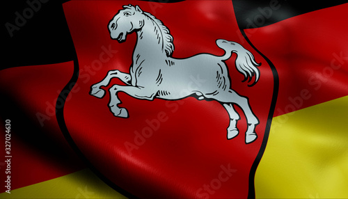 3D Waving Germany State Coat of Arms Flag of Lower Saxony Closeup View photo