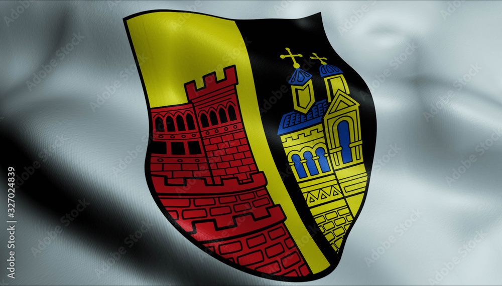 Fototapeta premium 3D Waving Germany City Coat of Arms Flag of Annweiler am Trifels Closeup View