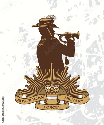 Silhouette of a trumpet soldier and sign of Australian military forces. Anzac day.