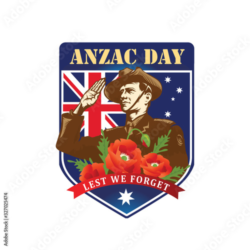 Anzac Day. Soldier salute on the background of the shield. So we do not forget