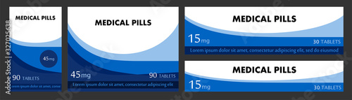 Concept of label pack for medicinal tablets. Design boxes for packaging medical products. For tablets, capsules. Set of stickers for cardboard boxes, cans, containers. Vector 