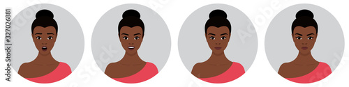 A set of four round female avatars with different emotions: joy, happiness, surprise, anger. Young African girl with black hair. Vector flat stock illustration on a transparent background
