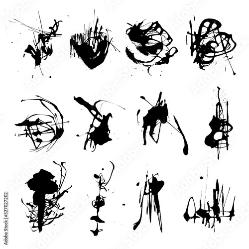 Elegant vector set of ink splashes blots splatter collection. Grunge design element, art messy backdrop. High quality manually traced vector illustration. Liquid shape spatter black white silhouette