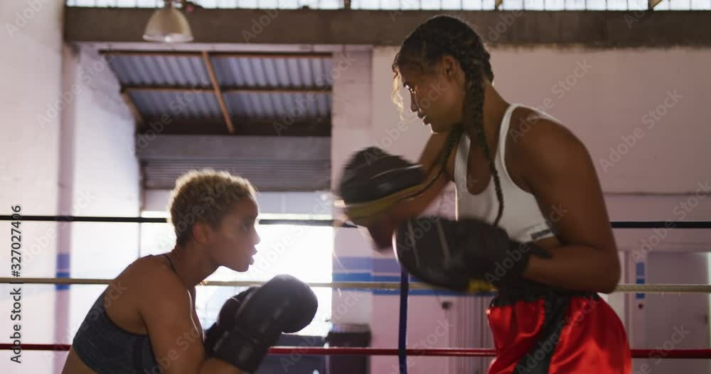 Two mixed race women training in boxing ring Two mixed race women training in boxing ring