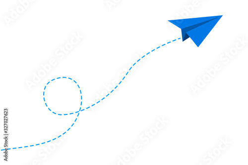 Blue paper plane flying on white sky background