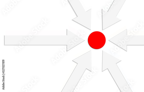 White arrows converging to red point