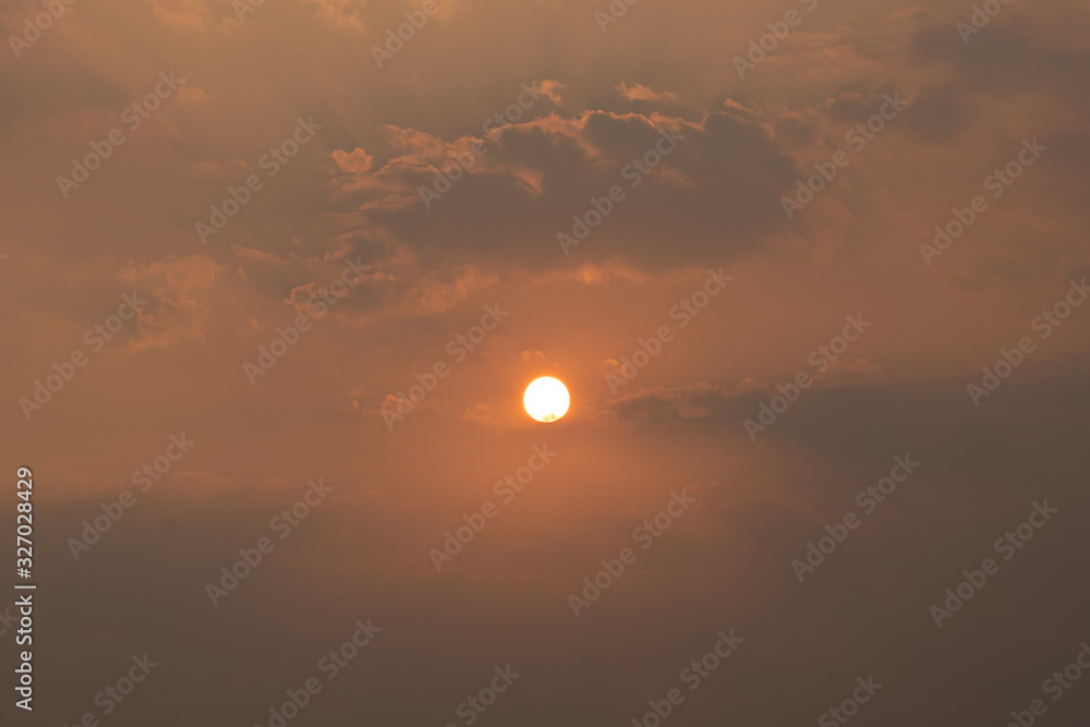 Sun on sky and clouds is bright white background, hot weather on summer season