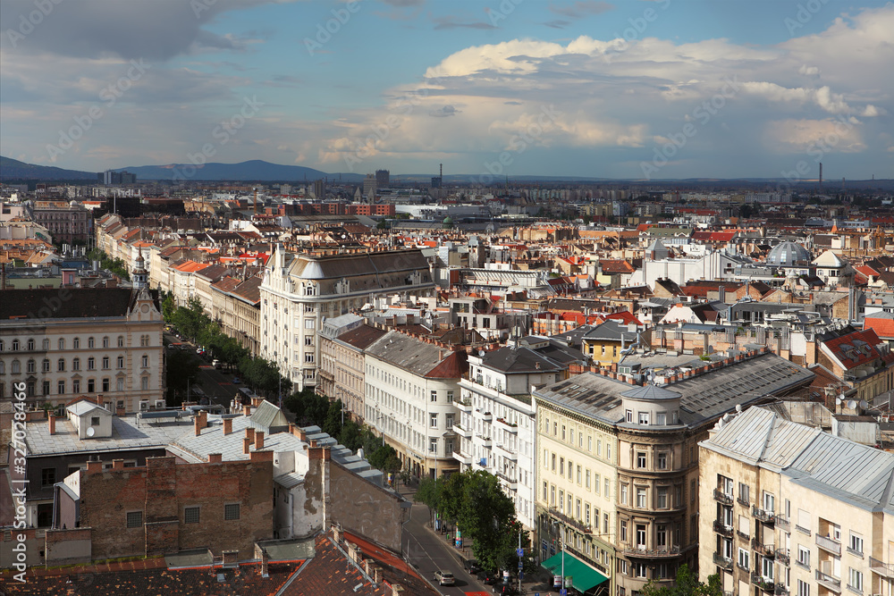Aerial skyline view of Budapest