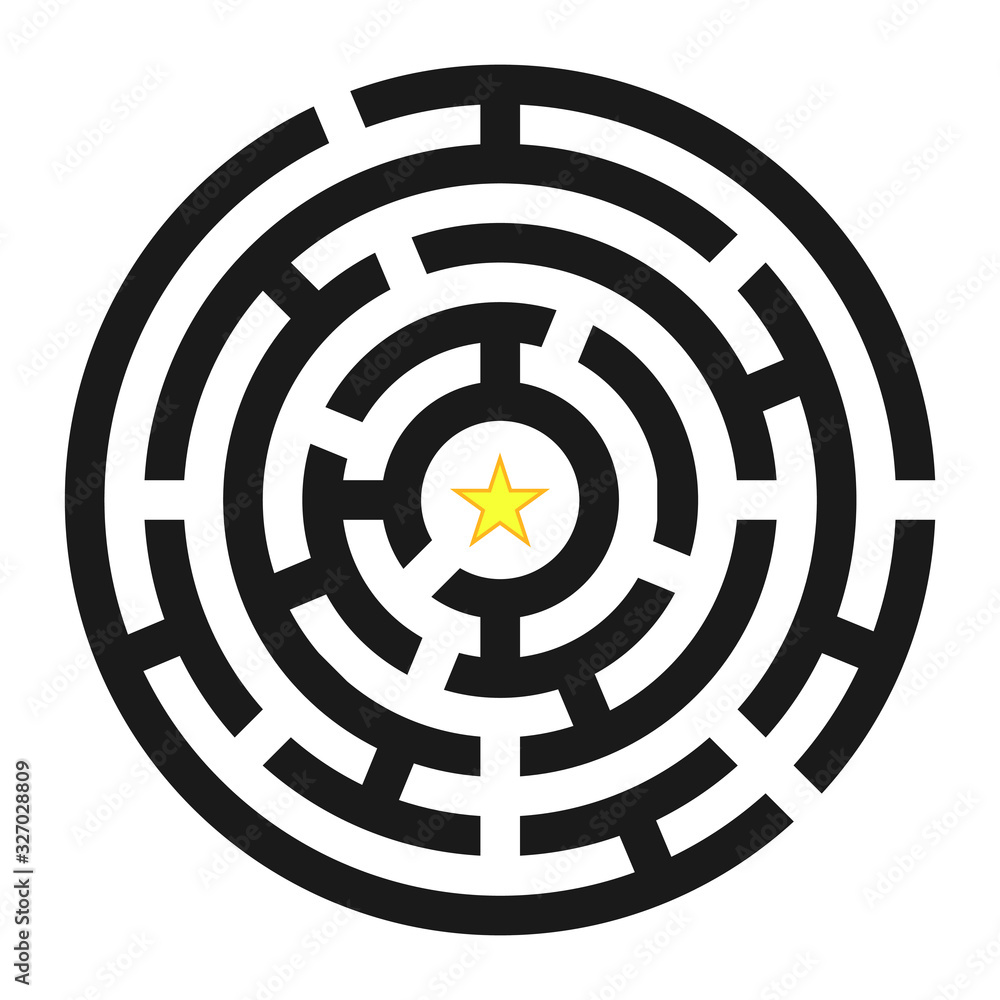 Circle Maze. Find the Way Out Concept. Game for kids. Children's puzzle. Labyrinth conundrum. Simple flat illustration on white background. With place for your image. Circle Maze. Find the Way Out Concept. Game for kids. Children's puzzle. Labyrinth conundrum. Simple flat illustration on white background. With place for your image.