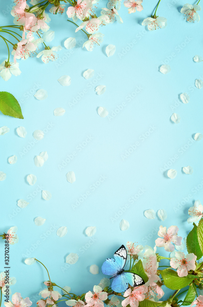 Flowering branches and petals on a blue background