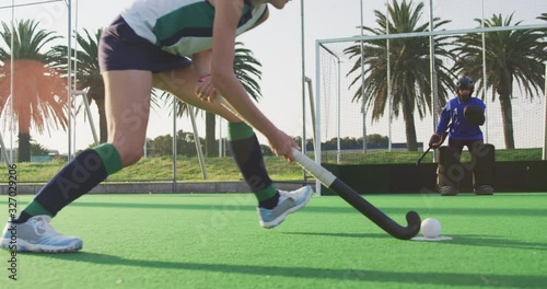 Female hockey players playing on the field photo