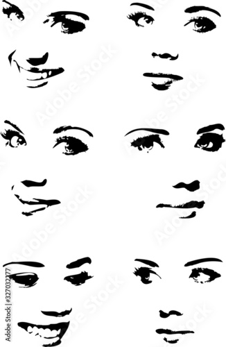 Collection of cute young beauty woman face expressions with makeup. Vector illustration. 