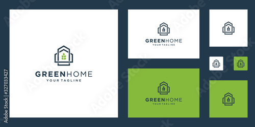 Green House Logo Real Estate Template. minimalist outline symbol for environmentally friendly buildings.