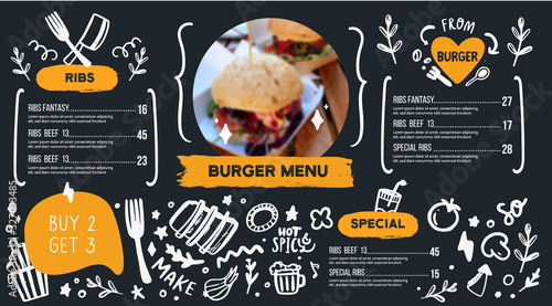 Burger menu with doodle icons and burger photo, food background, chackboard cafe design, grill brochure, cooking flyer photo
