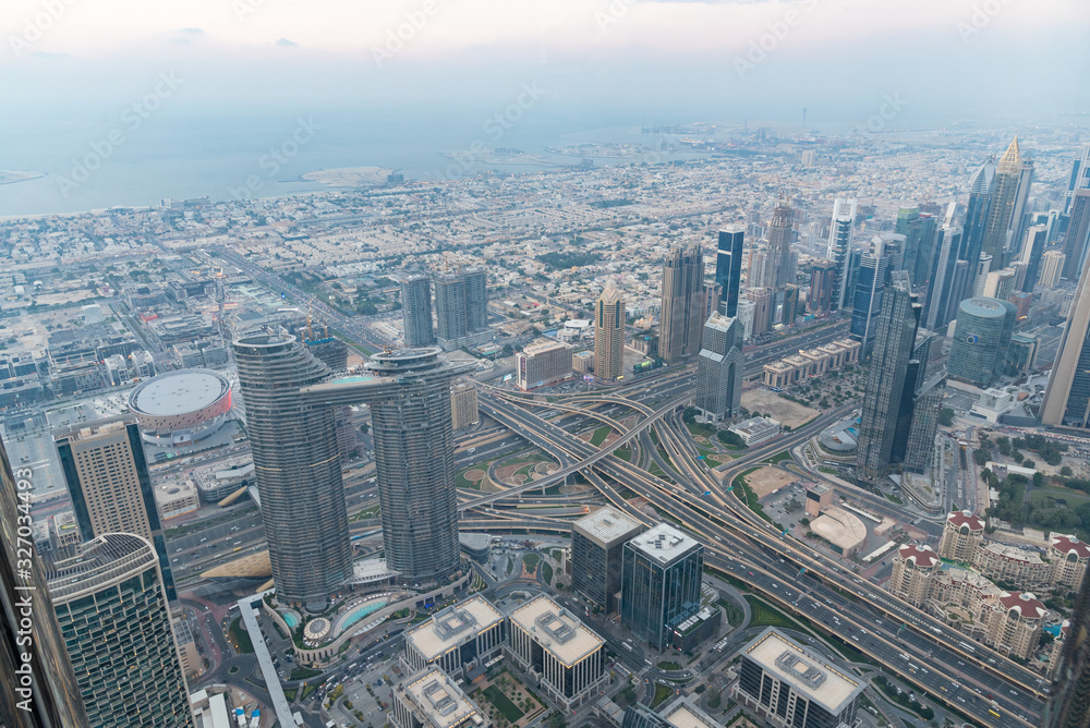View of city of Dubai from at the top in Burj Khalifa Dubai