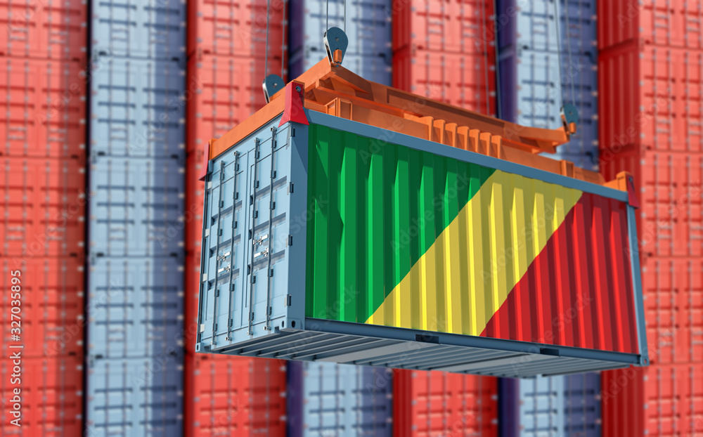 Naklejka premium Freight container with Republic of the Congo flag. 3D Rendering