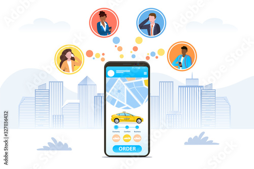 Ordering a Taxi online using a hailing app depicted on a mobile phone screen with icons for four businesspeople in a city using the app, colored vector illustration
