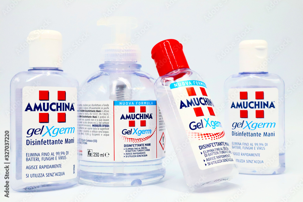 Italy – February 28, 2020: AMUCHINA Gel XGERM Hand Sanitizer to decrease  infectious agent Virus, Fungi and Bacteria. AMUCHINA is an Italian brand of  ACRAF ANGELINI Pharma Stock Photo