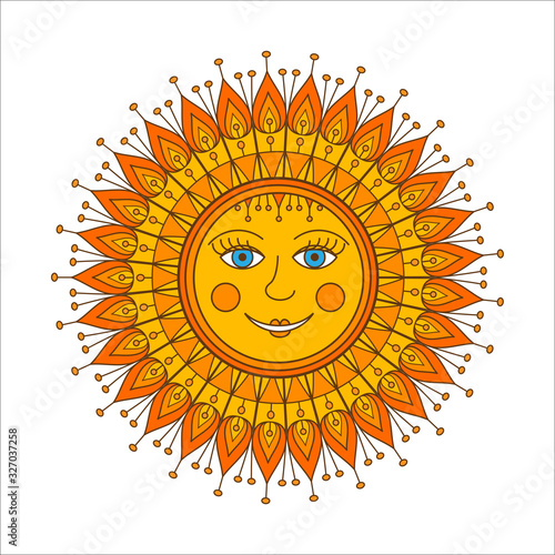 Sun, ornamental doodle vector illustration isolated on white backgrounds. Russian symbol holiday spring Shrovetide.