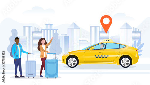 Taxi order or ride hailing app with location marker as two tourists with luggage wait for a yellow taxi cab in a city street, vector illustration