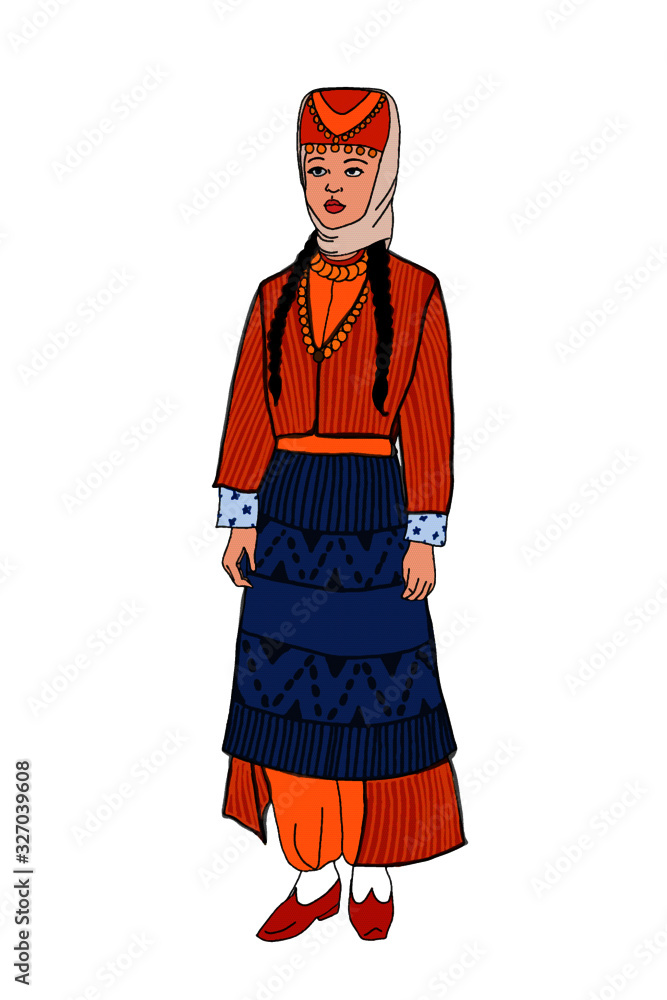 Φωτογραφία traditional woman standing and  wearing turkish culture clothes illustration