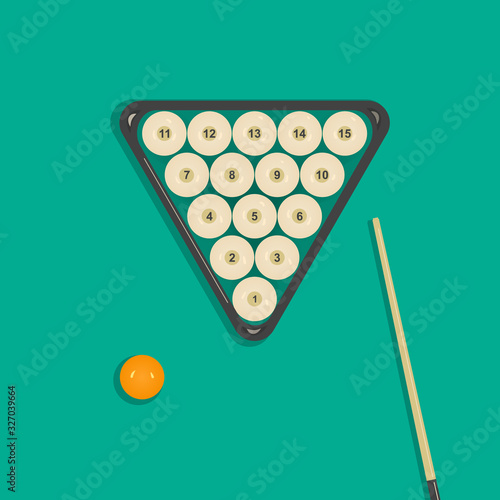 Set of billiard balls: 15 white shining balls with numbers and a yellow cue ball, a cue and a triangle on a green background.A kit of equipment for playing Billiards.Vector flat illustration