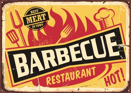 Barbecue restaurant vintage tin sign with fork, spatula, chef hat and grill fire on old rusty yellow background. Food retro vector illustration from 1950s
