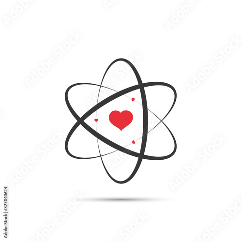 Atom with electrons in heart shape in flat design. Vector illustration. Symbol of the molecule or atom, isolated.