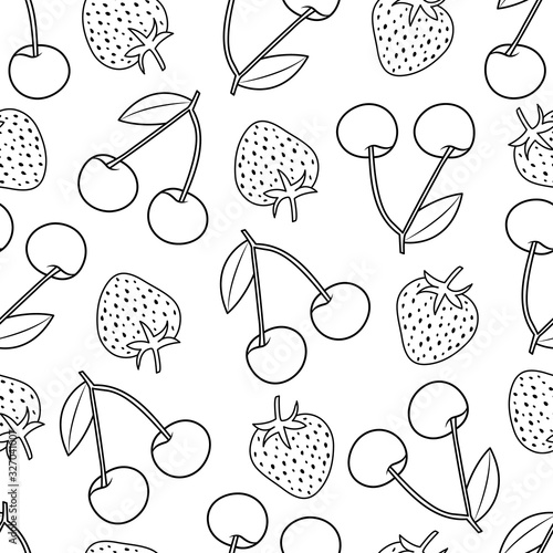 Line drawn berries pattern with cherries and strawberries on white background