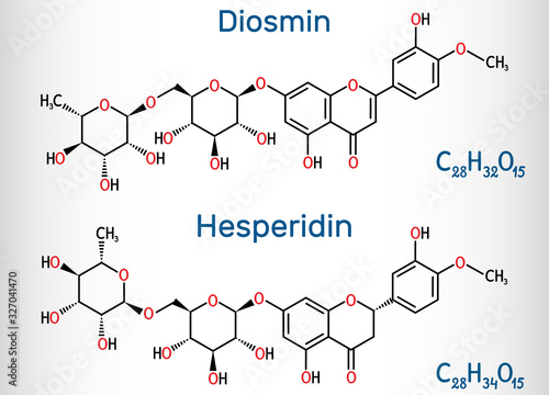 Hesperidin, diosmin, flavonoid molecule. Flavanone glycoside, drugs for treatment of venous disease. Structural chemical formula photo