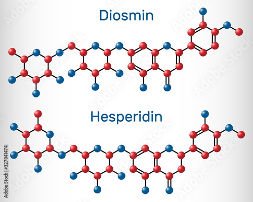 Fototapeta Naklejka Na Ścianę i Meble -  Hesperidin, diosmin, flavonoid molecule. Flavanone glycoside, drugs for treatment of venous disease. Molecule model