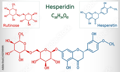Hesperidin, rutinose, hesperetin molecule. Flavonoid, favanone glycoside, drugs for treatment of venous disease. Structural chemical formula and molecule model