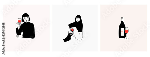 Cute ladies with red wine glasses. Wine bottle. Wine lovers concept. Poster ideas, shirt print design or menu decoration. Set of three Hand drawn trendy Vector isolated illustrations.