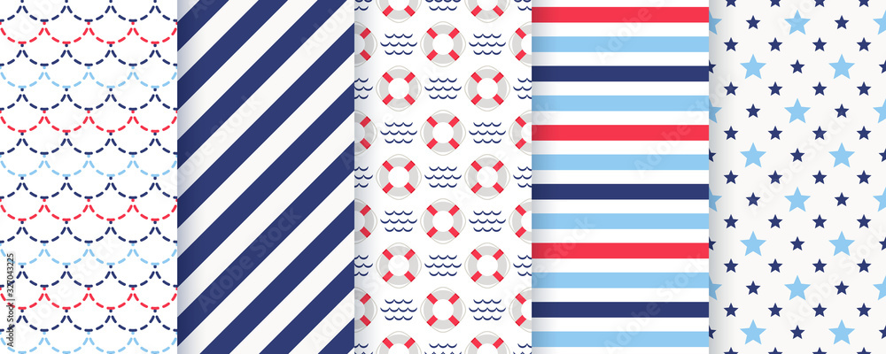 Nautical seamless pattern. Vector. Marine backgrounds with Lifebuoy, stripes, star and fish scale. Set blue sea summer prints. Geometric texture for baby shower, scrapbooking. Color illustration Nautical seamless pattern. Vector. Marine backgrounds with Lifebuoy, stripes, star and fish scale. Set blue sea summer prints. Geometric texture for baby shower, scrapbooking. Color illustration