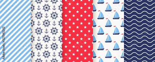 Nautical, marine seamless pattern. Vector. Sea backgrounds with sailboat, anchor, helm, stripe, star and wave. Set summer prints. Geometric texture for baby shower, scrapbooking. Color illustration