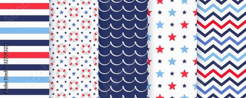 Nautical seamless pattern. Vector. Marine backgrounds with Lifebuoy, stripes, star, wave and zigzag. Set blue sea summer prints. Geometric texture for baby shower, scrapbooking. Color illustration