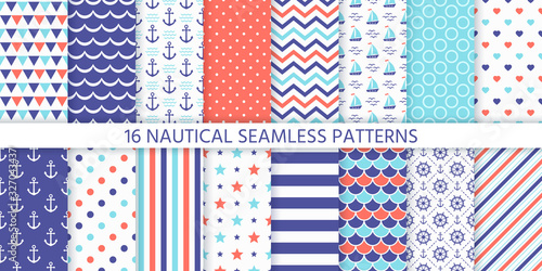 Nautical, marine seamless pattern. Vector. Sea backgrounds with anchor, stripe, sailboat, zigzag and polka dot. Set blue summer print. Geometric texture for baby shower, scrapbook. Color illustration