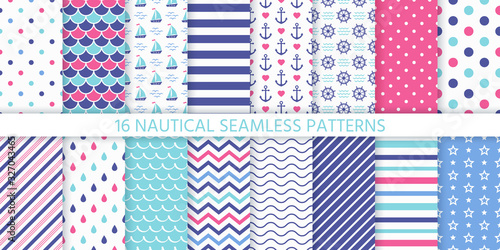 Marine seamless pattern. Vector. Nautical sea backgrounds with anchor, sailboat, wheel, stripe, zigzag and waves. Set blue summer print. Geometric texture for baby shower scrapbook. Color illustration
