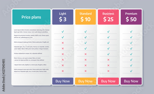 Price table template. Vector. Comparison plan chart. Set pricing data grid with 4 columns for purchases, business, web services. Checklist compare tariff banner. Color illustration. Flat simple design