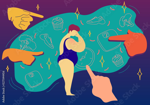 Fat shaming concept vector illustration. Sad plus size woman in swimwear had a mockery of society , showing her what to eat and how to live