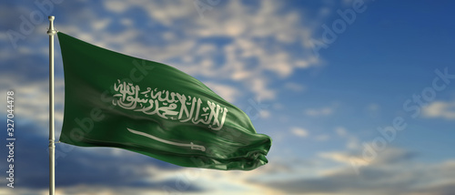 Canvastavla Saudi Arabia flag waving on blue sky background. 3d illustration
