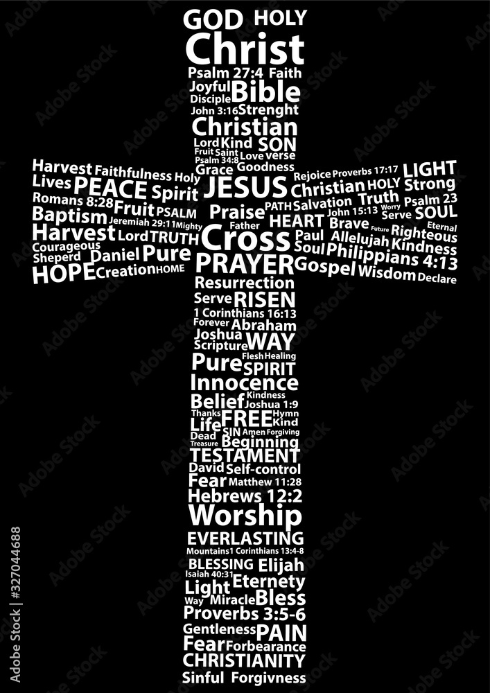 Christian cross in white written with christian words on black background.  Christian background Stock Vector | Adobe Stock