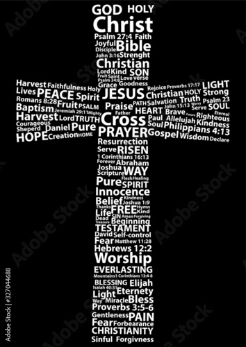 Christian cross in white written with christian words on black background. Christian background