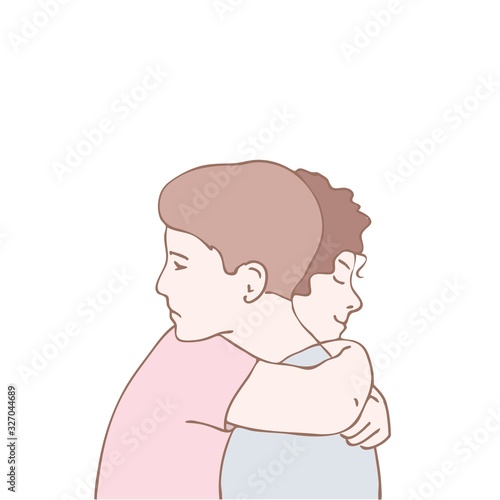 Vector illustration happy girl hugging a sad guy , cartoon design