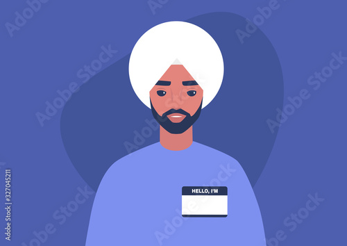 Young indian male character wearing a hello my name is tag, self introduction, millennial lifestyle