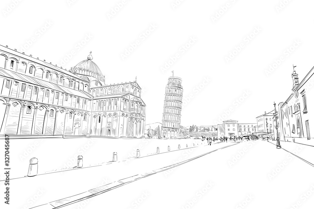 Pisa Cathedral. Leaning tower of Pisa. Pisa. Italy. Hand drawn sketch. Vector illustration. Pisa Cathedral. Leaning tower of Pisa. Pisa. Italy. Hand drawn sketch. Vector illustration.