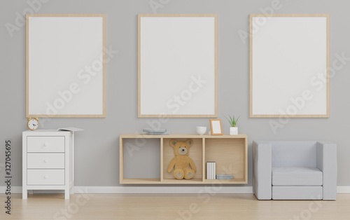 3d render of blank poster frame for mock up that hanging on the wall with beautiful scene that decorate with teddy bear and desk.