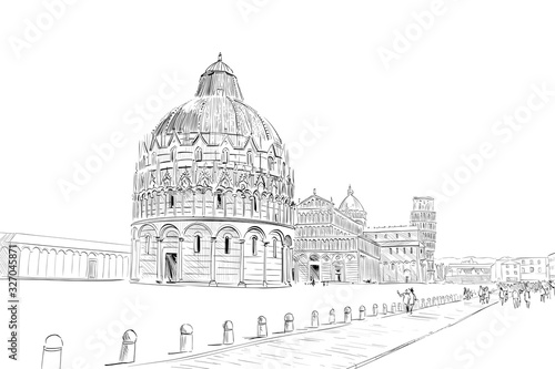 Baptistery in Pisa. Pisa Cathedral.  Leaning tower of pisa. Pisa. Italy. Hand drawn sketch. Vector illustration.
