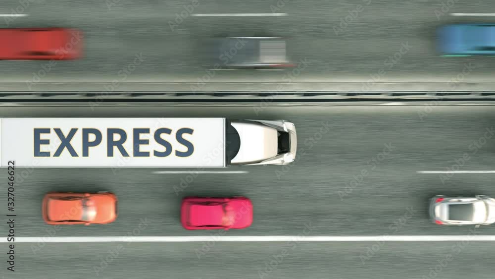 Aerial top view of semi-trailer trucks with EXPRESS text driving along the highway. Loopable 3D animation Aerial top view of semi-trailer trucks with EXPRESS text driving along the highway. Loopable 3D animation