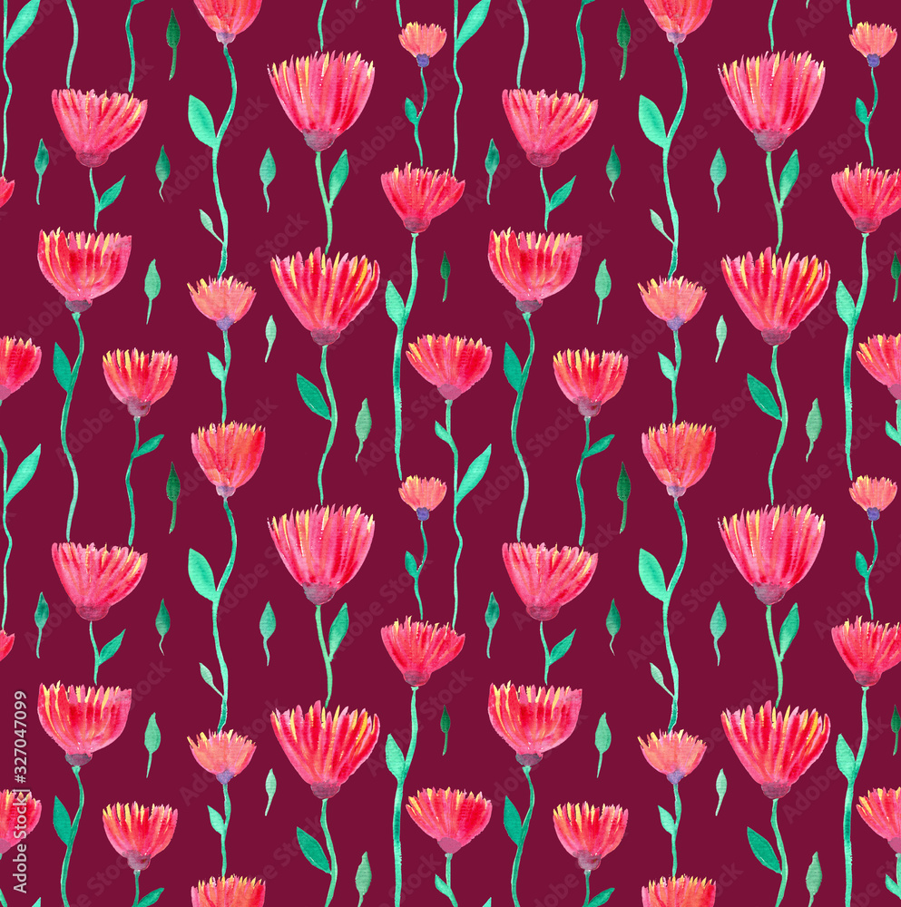 Seamless floral pattern. Floral print. Chrysanthemums on a wine background. Floral pattern for fabric, wallpaper, cards, gift paper and other surfaces. Seamless floral pattern. Floral print. Chrysanthemums on a wine background. Floral pattern for fabric, wallpaper, cards, gift paper and other surfaces.